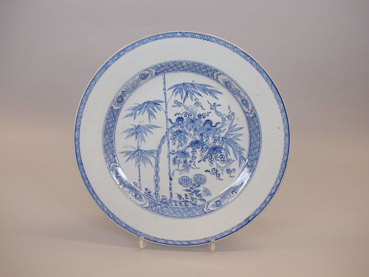 Plate with bamboo and grape vines, Porcelain painted in underglaze cobalt blue (Jingdezhen ware), China 