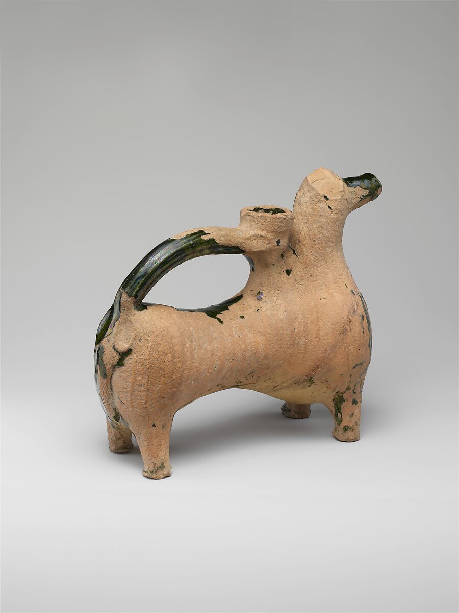 Aquamanile in the Form of a Ram, Earthenware, green glaze, British