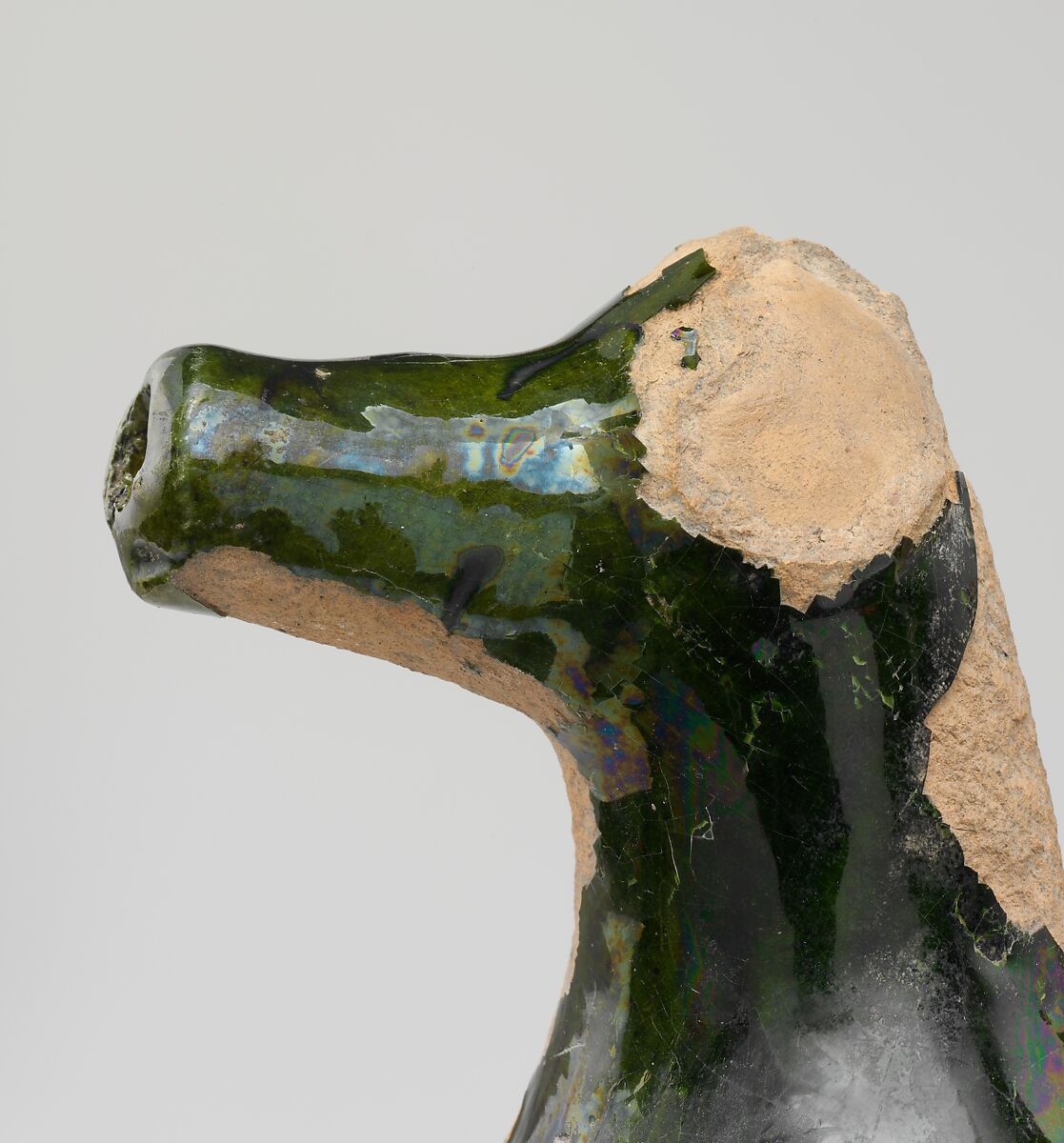 Aquamanile in the Form of a Ram, Earthenware, green glaze, British