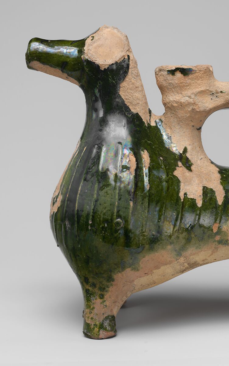 Aquamanile in the Form of a Ram, Earthenware, green glaze, British