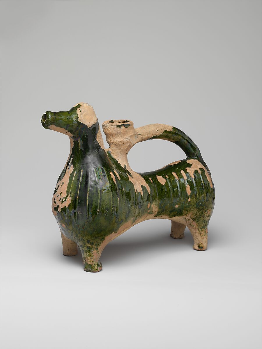 Aquamanile in the Form of a Ram, Earthenware, green glaze, British 