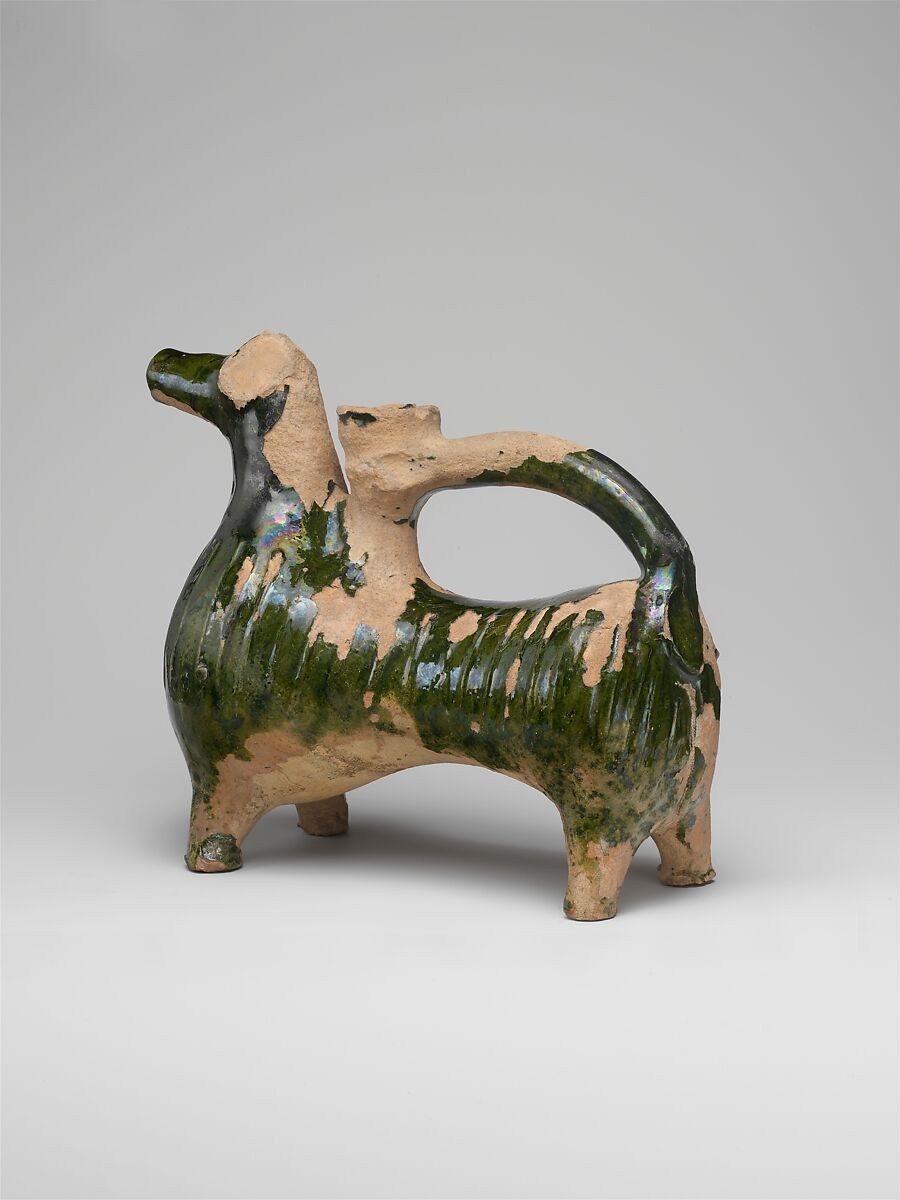 Aquamanile in the Form of a Ram, Earthenware, green glaze, British