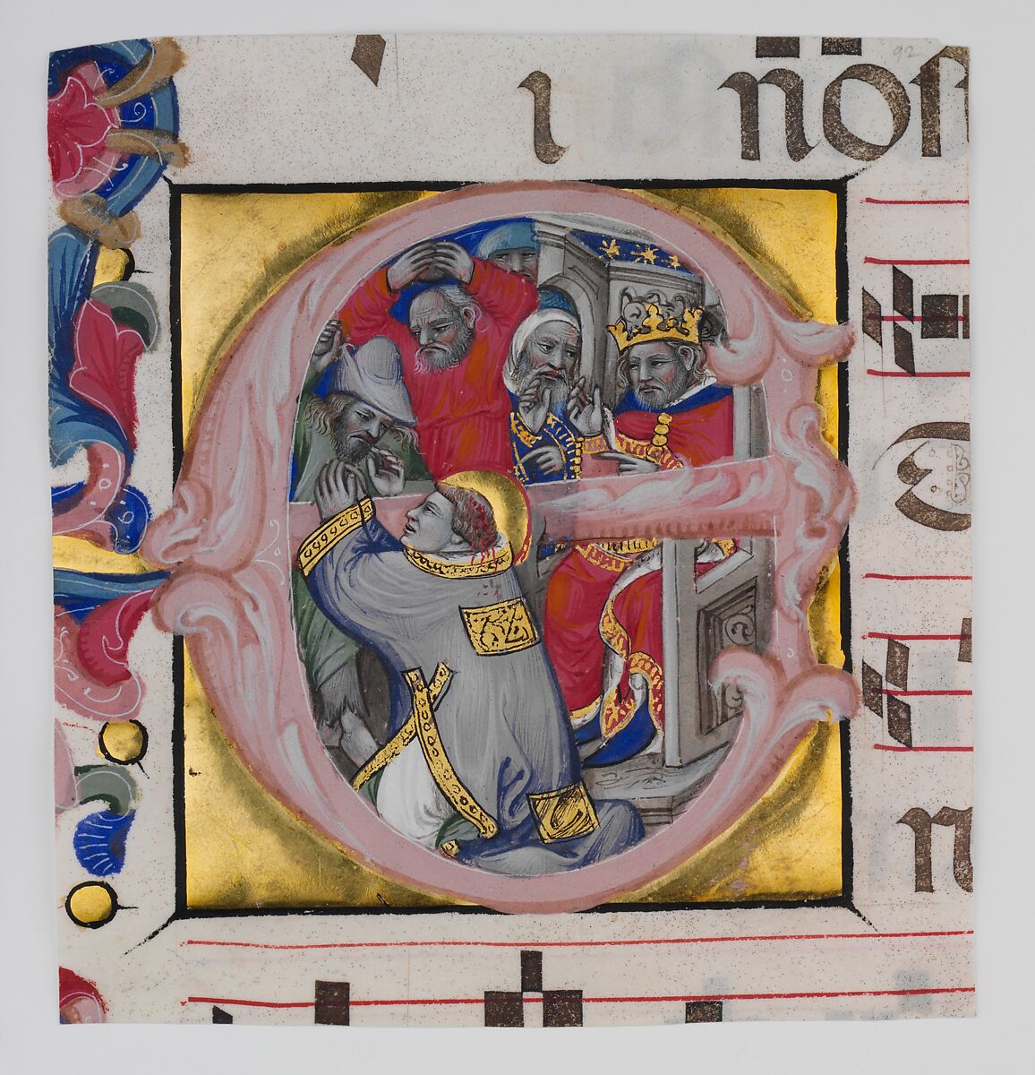 Manuscript Illumination with the Martyrdom of Saint Stephen in an Initial E, from a Gradual, Niccolò di Giacomo da Bologna  Italian, Tempera, gold, and ink on parchment, Italian