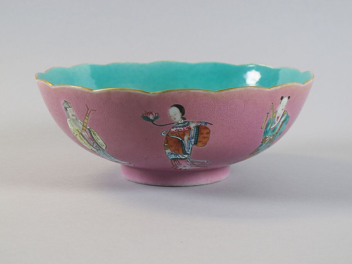 Bowl with the Eight Immortals, Porcelain painted in overglaze polychrome enamels over engraved pink ground (Jingdezhen ware), China 