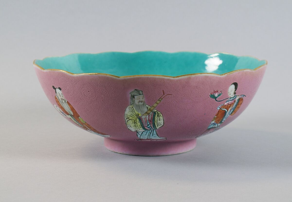 Bowl with the Eight Immortals, Porcelain painted in overglaze polychrome enamels over engraved pink ground (Jingdezhen ware), China