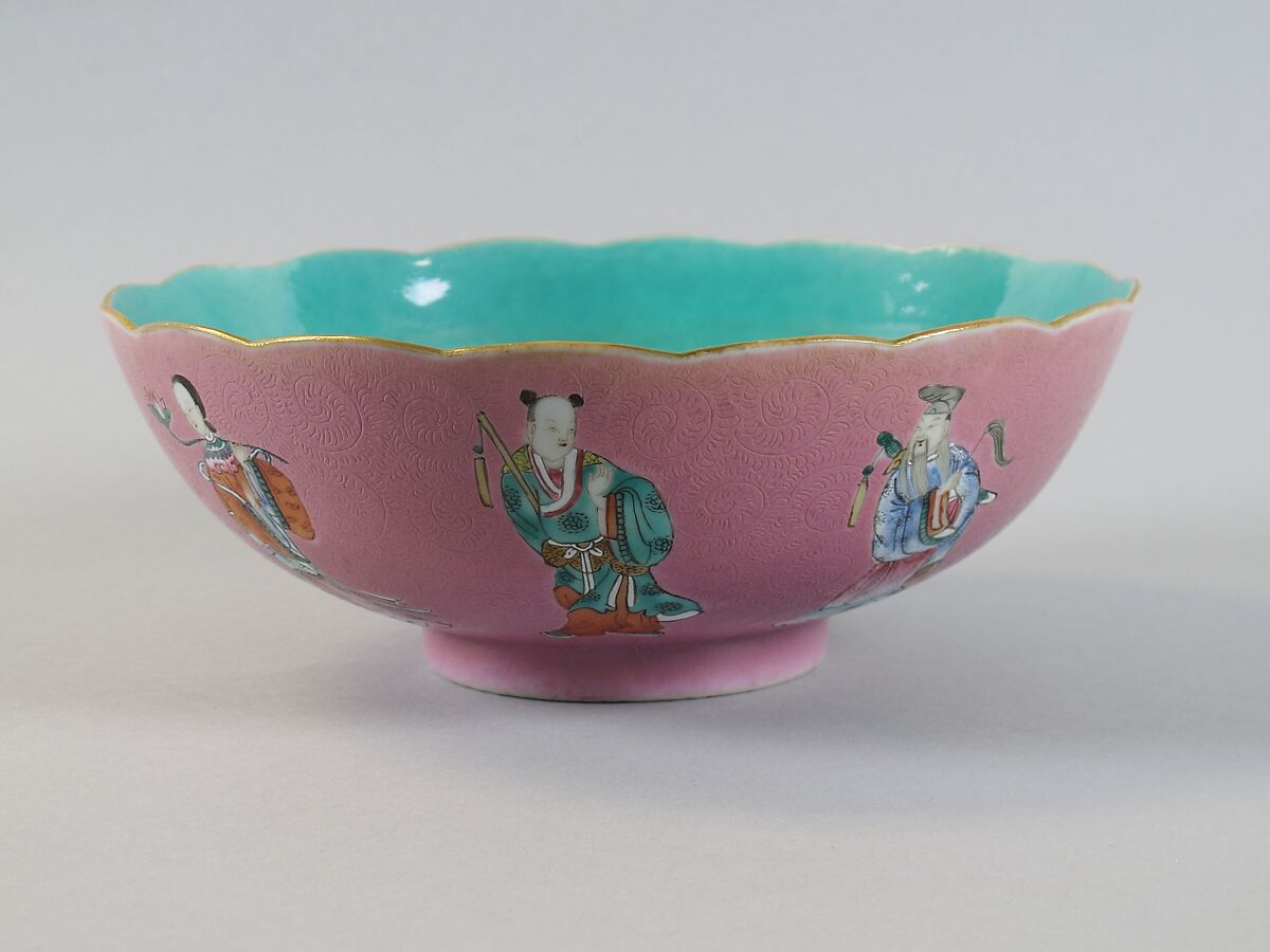 Bowl with the Eight Immortals, Porcelain painted in overglaze polychrome enamels over engraved pink ground (Jingdezhen ware), China