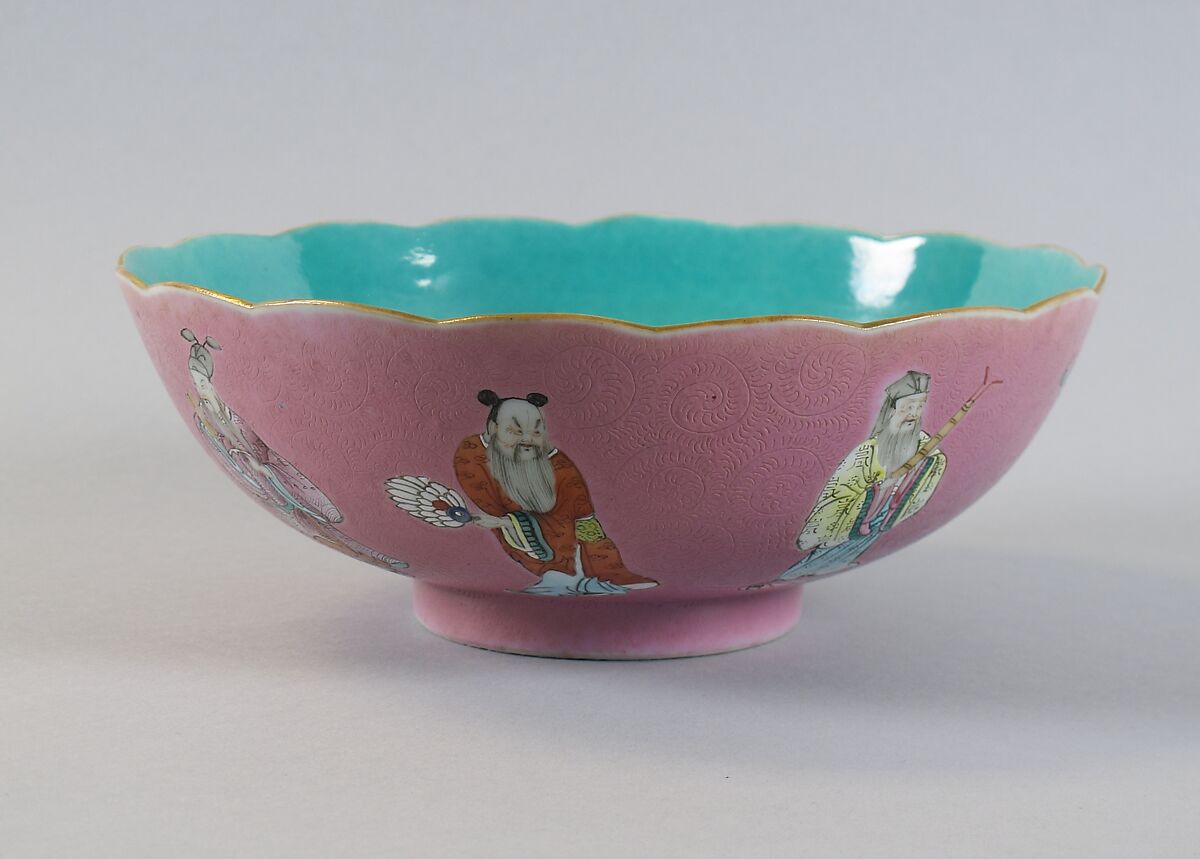 Bowl with the Eight Immortals, Porcelain painted in overglaze polychrome enamels over engraved pink ground (Jingdezhen ware), China