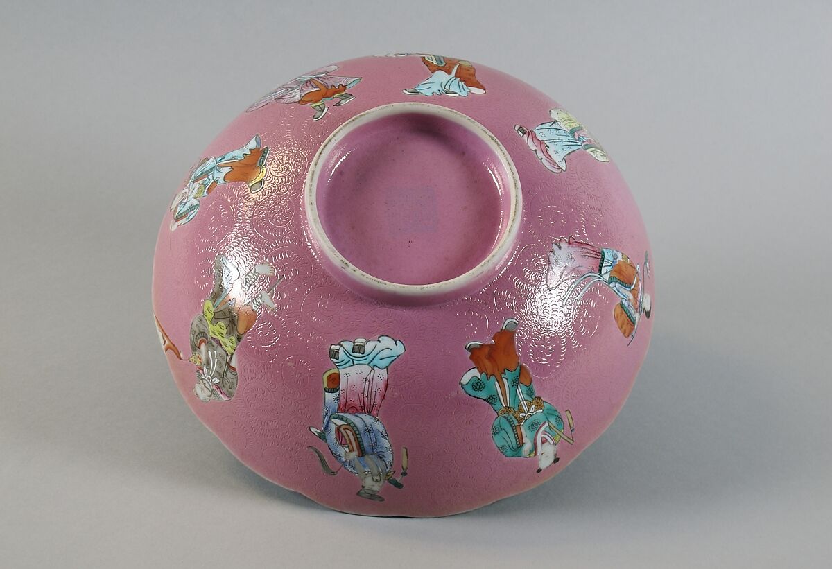 Bowl with the Eight Immortals, Porcelain painted in overglaze polychrome enamels over engraved pink ground (Jingdezhen ware), China