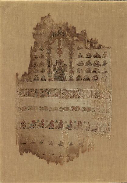 Textile Fragment Depicting a Male Figure under an Arch, Tapestry weave in polychrome silk and undyed linen on plain weave ground of undyed linen 