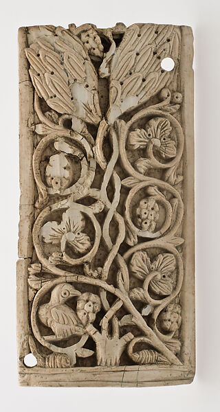 Plaque Decorated with Vine Scroll and a Bird, Carved ivory 