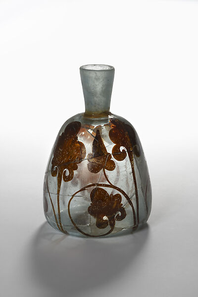 Luster-Painted Flask, Glass, bluish; free blown; dark brown and silver stains; tooled on pontil 