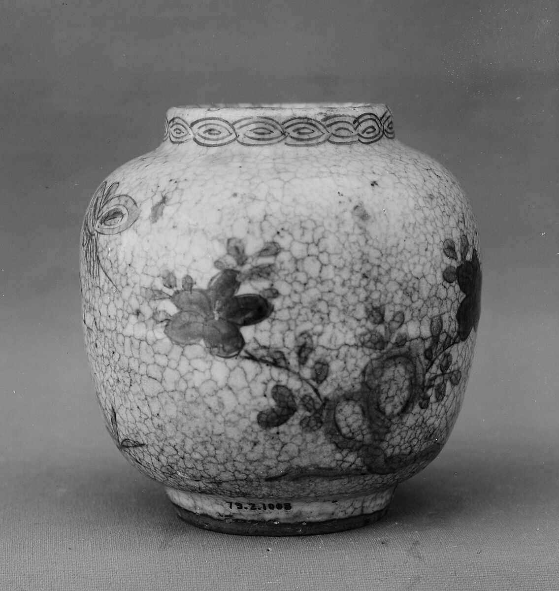 Jar, Clay potted in two pieces; covered with a crackled glaze and decorated with enamels (Kyoto ware), Japan 