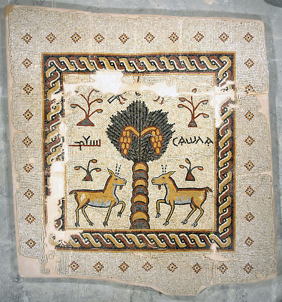 Mosaic Fragment with a Pair of Goats, Colored stone tesserae on a white background 