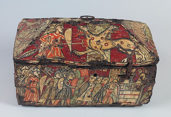 Coffret with the Legend of Guilhem, count of Toulouse, Walnut, painted, iron mounts, South French