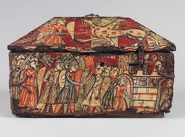 Coffret with the Legend of Guilhem, count of Toulouse, Walnut, painted, iron mounts, South French