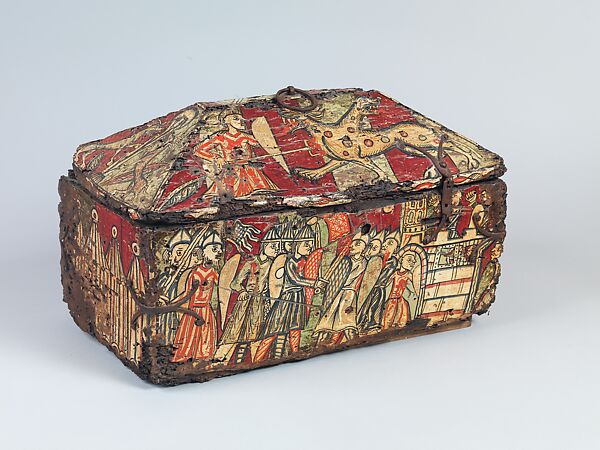 Coffret with the Legend of Guilhem, count of Toulouse, Walnut, painted, iron mounts, South French 