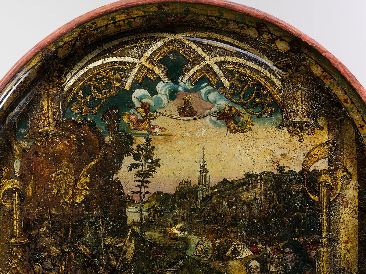 Dish with Abraham and Melchizedek, Hans of Landshut (German, Landshut, active late 15th century), Free-blown glass with paint and metallic foils, South German