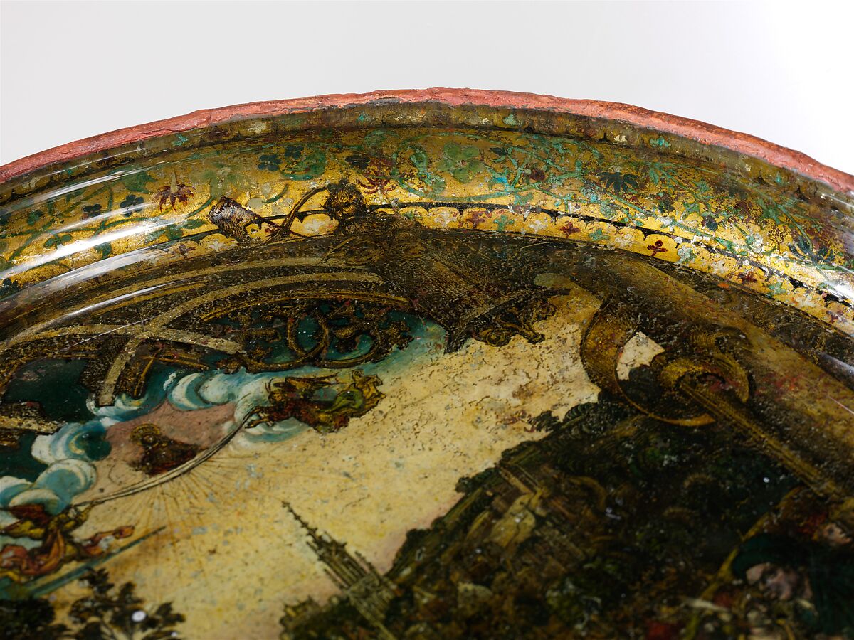 Dish with Abraham and Melchizedek, Hans of Landshut (German, Landshut, active late 15th century), Free-blown glass with paint and metallic foils, South German