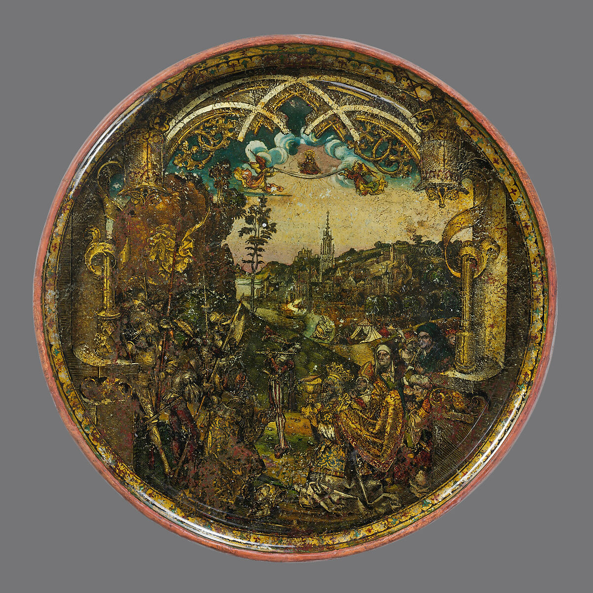 Dish with Abraham and Melchizedek, Hans of Landshut (German, Landshut, active late 15th century), Free-blown glass with paint and metallic foils, South German 