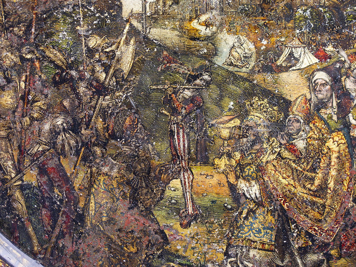 Dish with Abraham and Melchizedek, Hans of Landshut (German, Landshut, active late 15th century), Free-blown glass with paint and metallic foils, South German