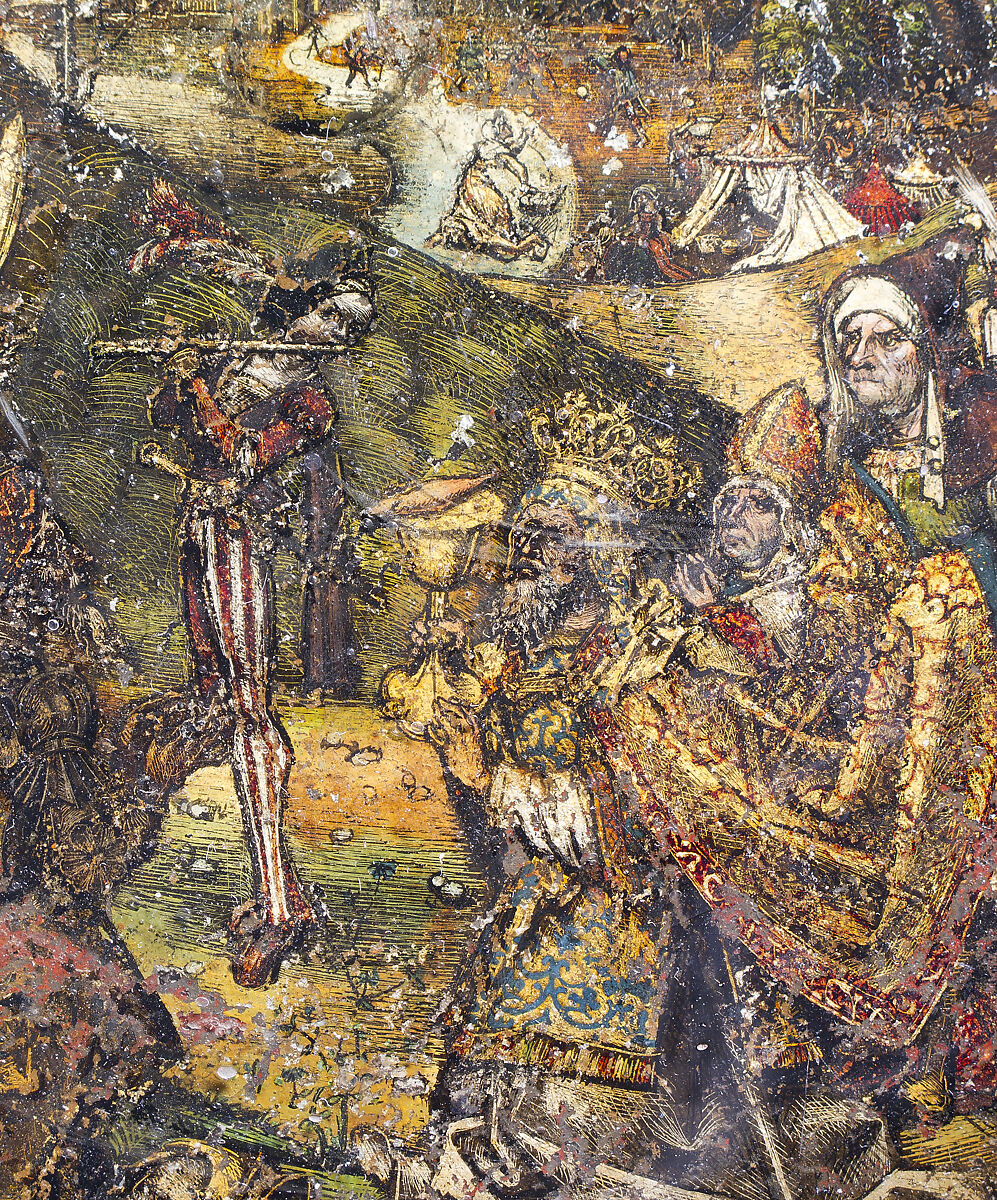 Dish with Abraham and Melchizedek, Hans of Landshut (German, Landshut, active late 15th century), Free-blown glass with paint and metallic foils, South German