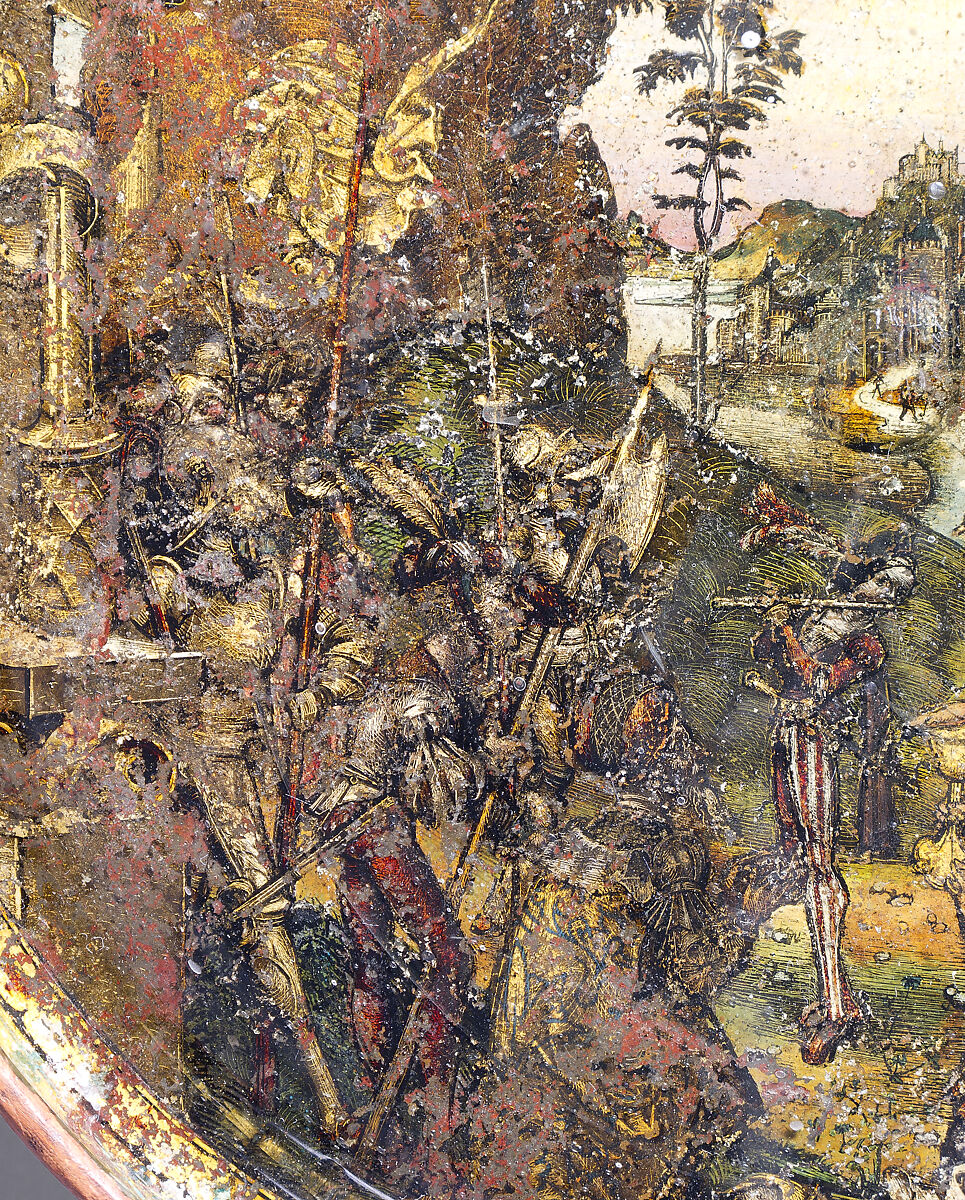 Dish with Abraham and Melchizedek, Hans of Landshut (German, Landshut, active late 15th century), Free-blown glass with paint and metallic foils, South German