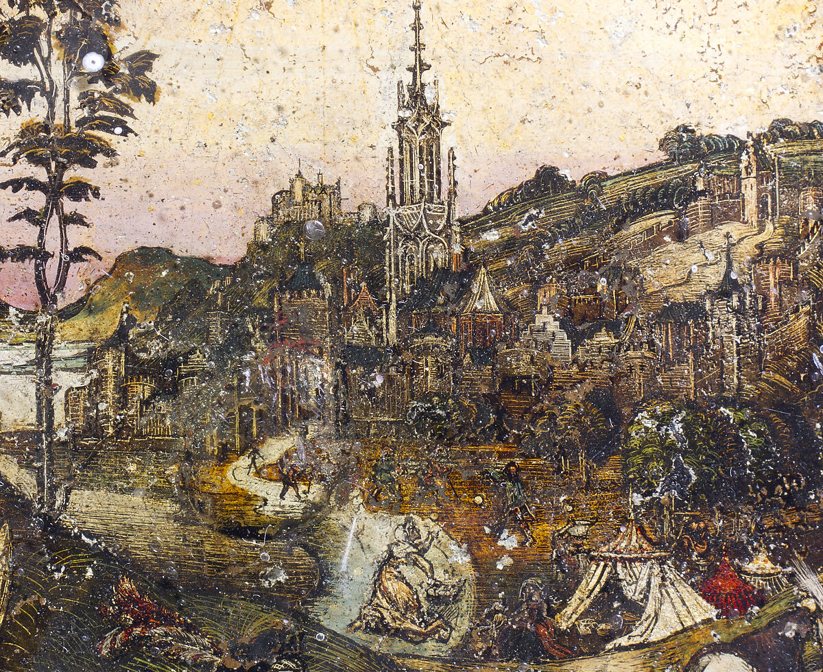 Dish with Abraham and Melchizedek, Hans of Landshut (German, Landshut, active late 15th century), Free-blown glass with paint and metallic foils, South German