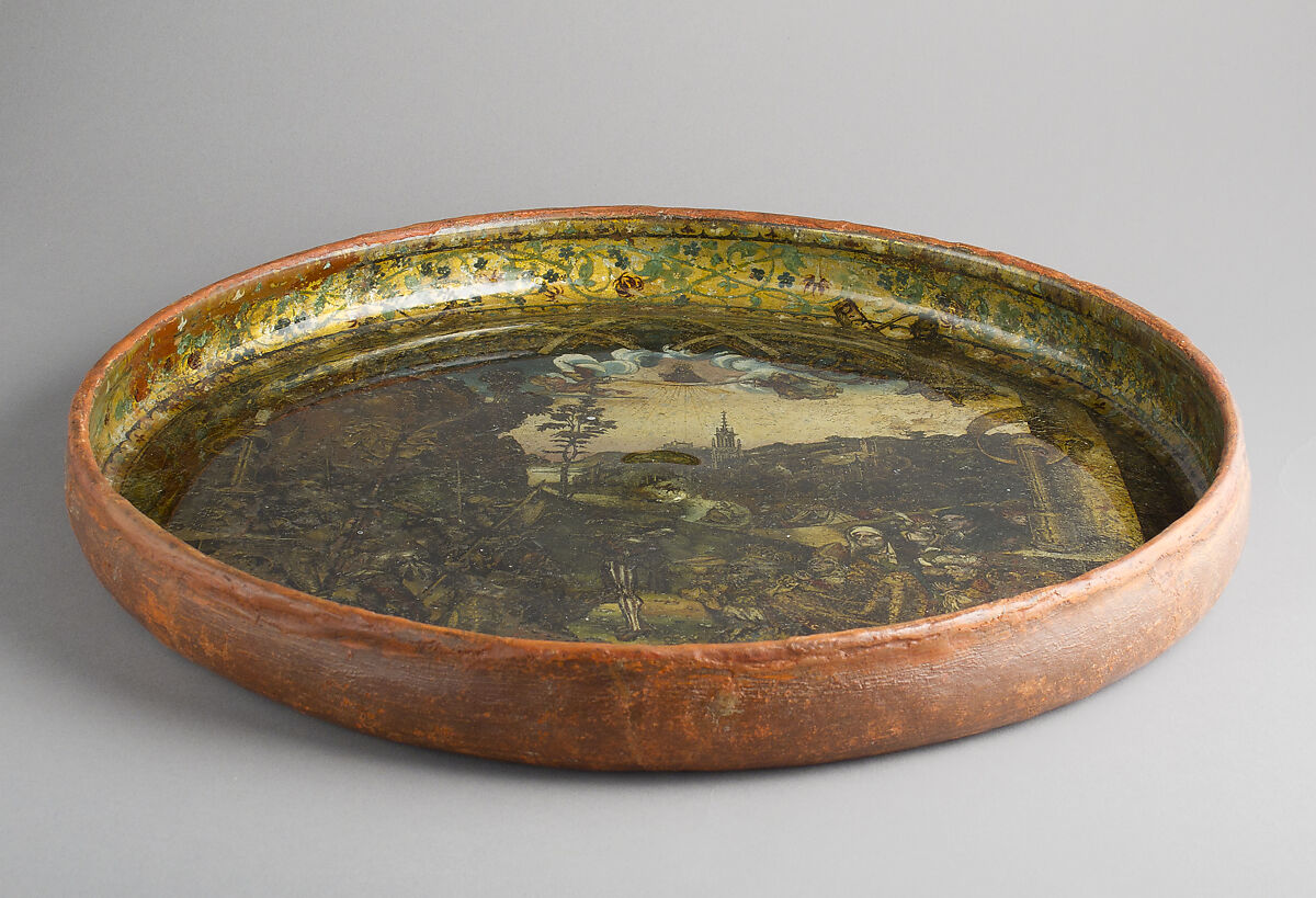 Dish with Abraham and Melchizedek, Hans of Landshut (German, Landshut, active late 15th century), Free-blown glass with paint and metallic foils, South German