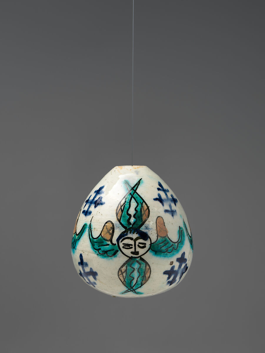 Egg-Shaped Ornament, Frit body with green, yellow, blue and brownish black underglaze painting, Armenian 