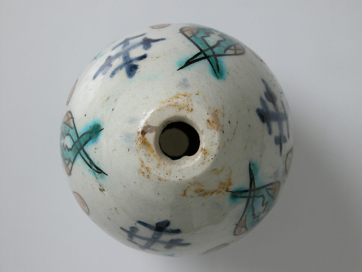 Egg-Shaped Ornament, Frit body with green, yellow, blue and brownish black underglaze painting, Armenian