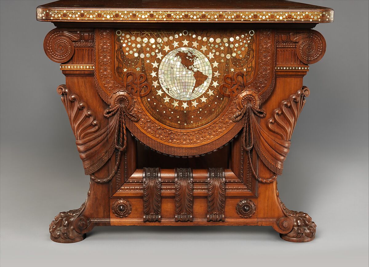 Library Table, Herter Brothers (German, active New York, 1864–1906), Rosewood, brass, mother-of-pearl, and abalone, American