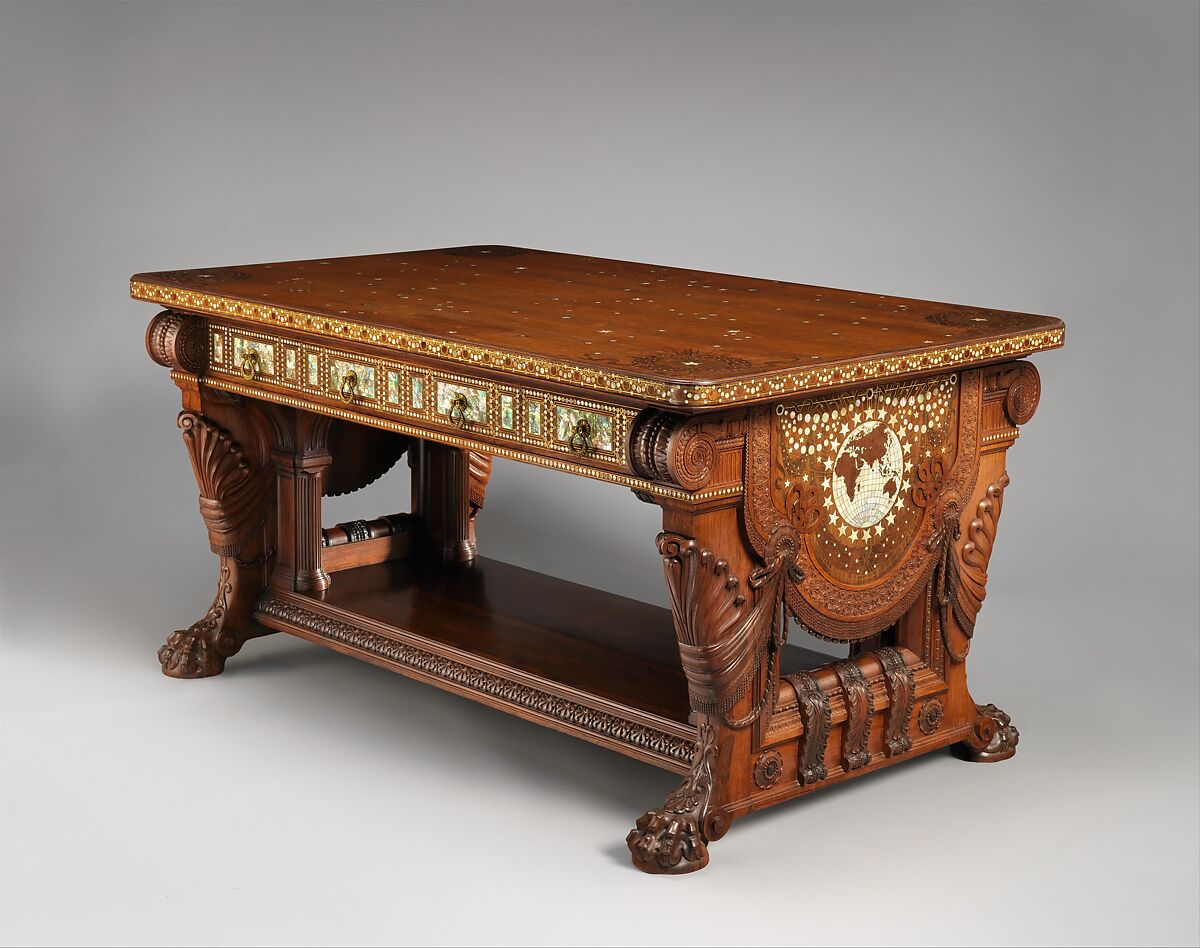 Library Table, Herter Brothers (German, active New York, 1864–1906), Rosewood, brass, mother-of-pearl, and abalone, American 