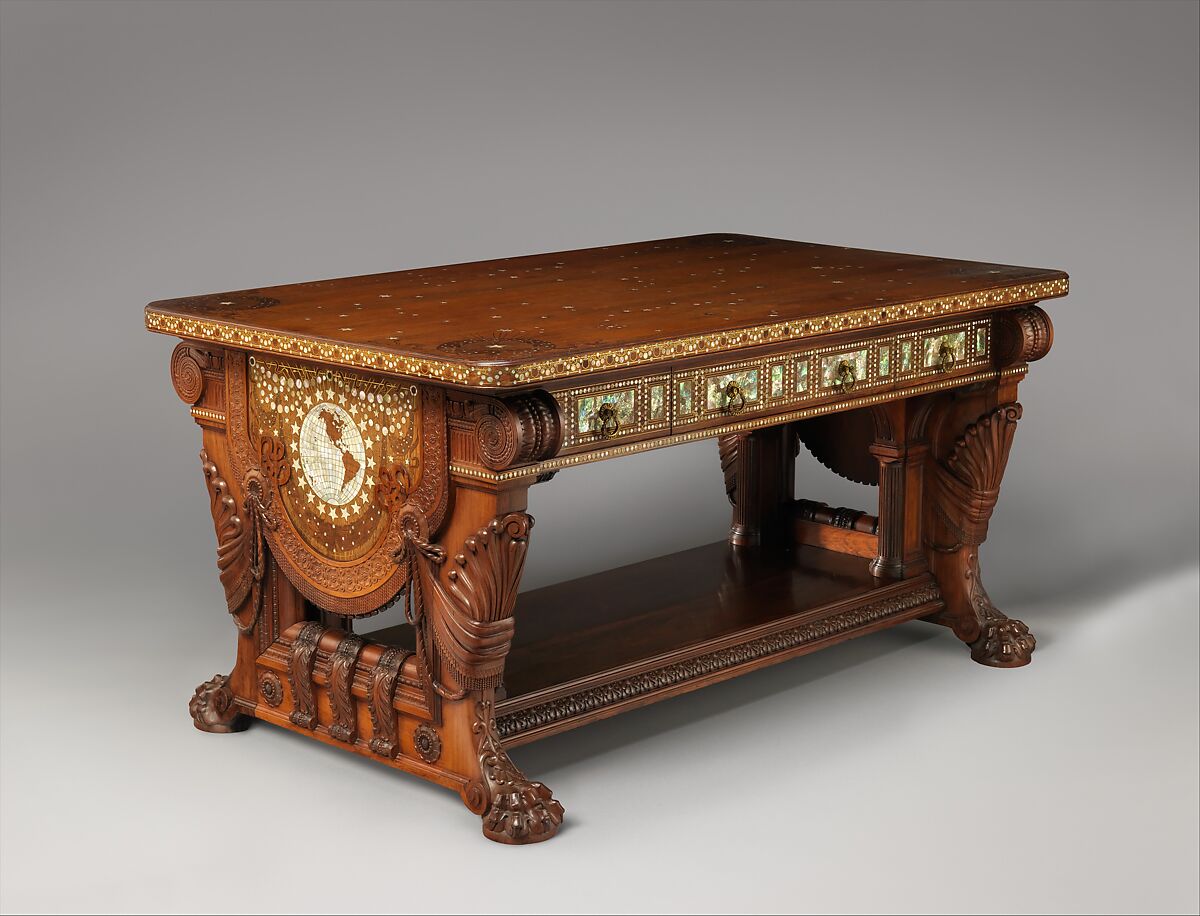 Library Table, Herter Brothers (German, active New York, 1864–1906), Rosewood, brass, mother-of-pearl, and abalone, American