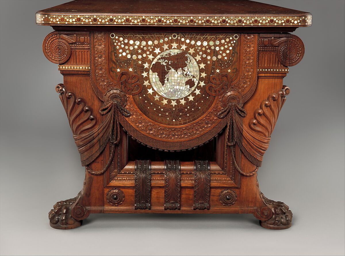 Library Table, Herter Brothers (German, active New York, 1864–1906), Rosewood, brass, mother-of-pearl, and abalone, American