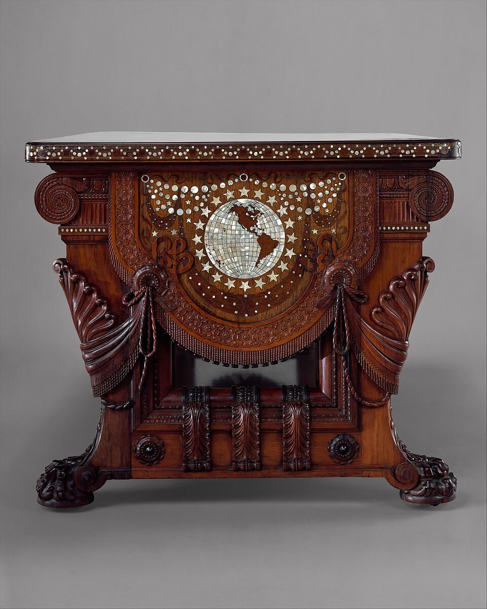 Library Table, Herter Brothers (German, active New York, 1864–1906), Rosewood, brass, mother-of-pearl, and abalone, American