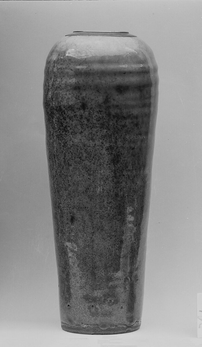 Vase, Clay; glaze flecked with black and splashed with red at shoulder; metal rim at neck; (Awata ware), Japan 