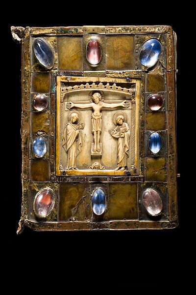 Gospel Book (so-called Small Bernward Gospel), Mss: Opaque paint, gold, and silver on parchment; Binding and front cover: Leather, copper worked in vernis brun; gilded copper, rock crystal, paint on parchment under horn (?) on oak. Byzantine ivory plaque, Northeast French and German (Hildesheim) 