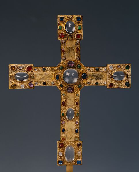 Processional Cross (so-called  Small Bernward Cross), Copper alloy, gilding, filigree, rock crystal, and semi-precious stones, German (Hildesheim) 