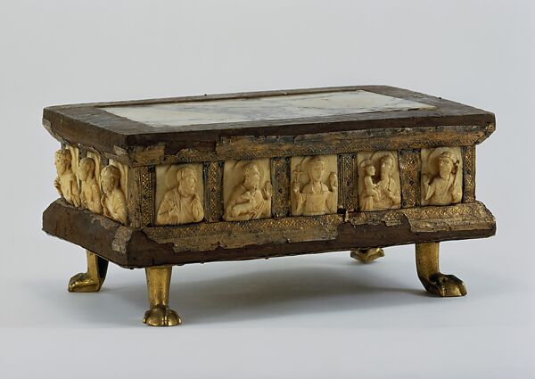 Portable Altar, Marble, gilded silver, gilded copper alloy, gilded copper, émail brun, and walrus ivory; wood core, German (Hildesheim) 