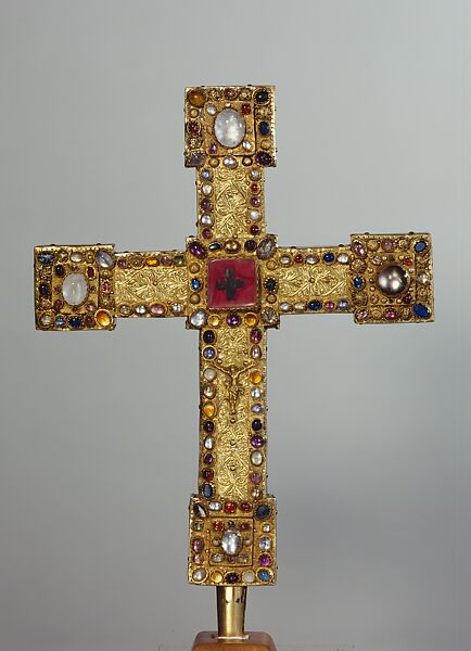 Reliquary Cross, Gilded silver, rock crystal, semiprecious stones, and ancient intaglios; wood core, German (Hildesheim) 