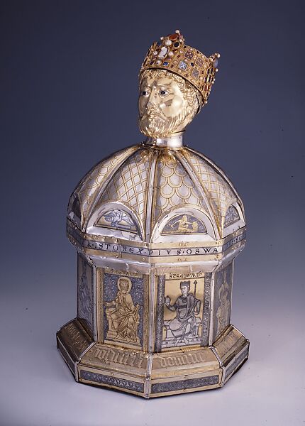 Reliquary of Saint Oswald, Gold, silver, gilded silver, niello, cloisonné enamel (a few replaced), gems, pearls, and antique cameos and intaglios; wood core, German (Hildesheim) or possibly British 