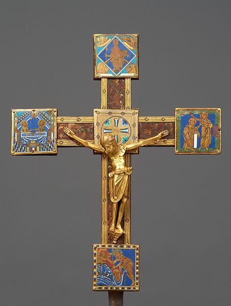 Cross, Copper alloy, gilding, champlevé enamel, and marble; wood core, German (Lower Saxony, Hildesheim (?)) 