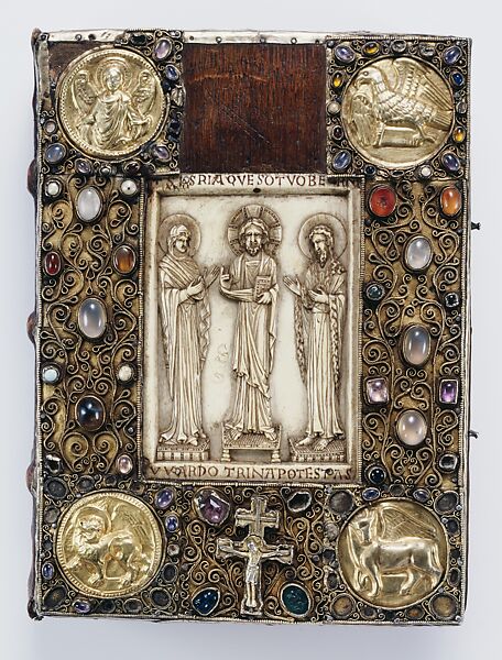 Precious Gospels of Bernward (front and back covers), Covers: silver, gilded silver with niello, filigree, semiprecious stones, and late 10th-century Byzantine (Constantinople) ivory on wood foundation; Manuscript: tempera, gold, and silver on parchment, German (Hildesheim) 