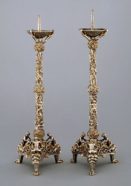 Bernward's Candlesticks (pair), Silver with gilding and niello; iron core, German (Hildesheim) 