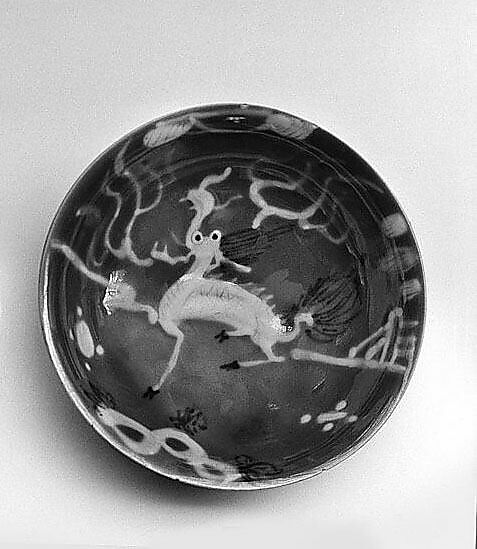 Dish with mythical beast qilin (one of a pair), Porcelain with white slip decoration and brown glaze (Jingdezhen ware), China