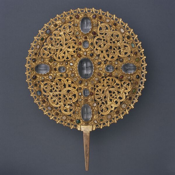 Liturgical Fan, Gilded copper alloy, rock crystal, semiprecious stones, and ancient intaglios, German (Hildesheim) 