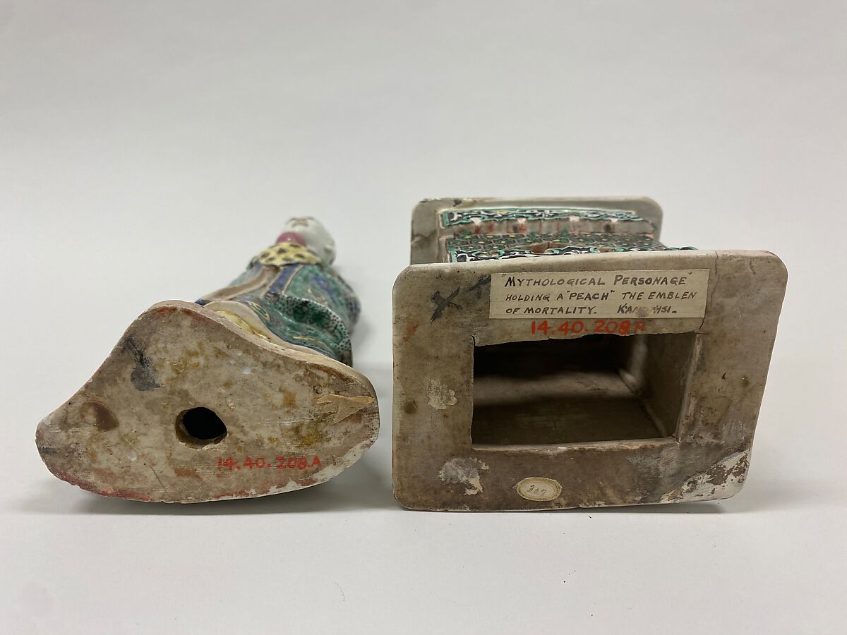 Figure of a fairy holding a peach, Porcelain painted in polychrome enamels on the biscuit (Jingdezhen ware), China