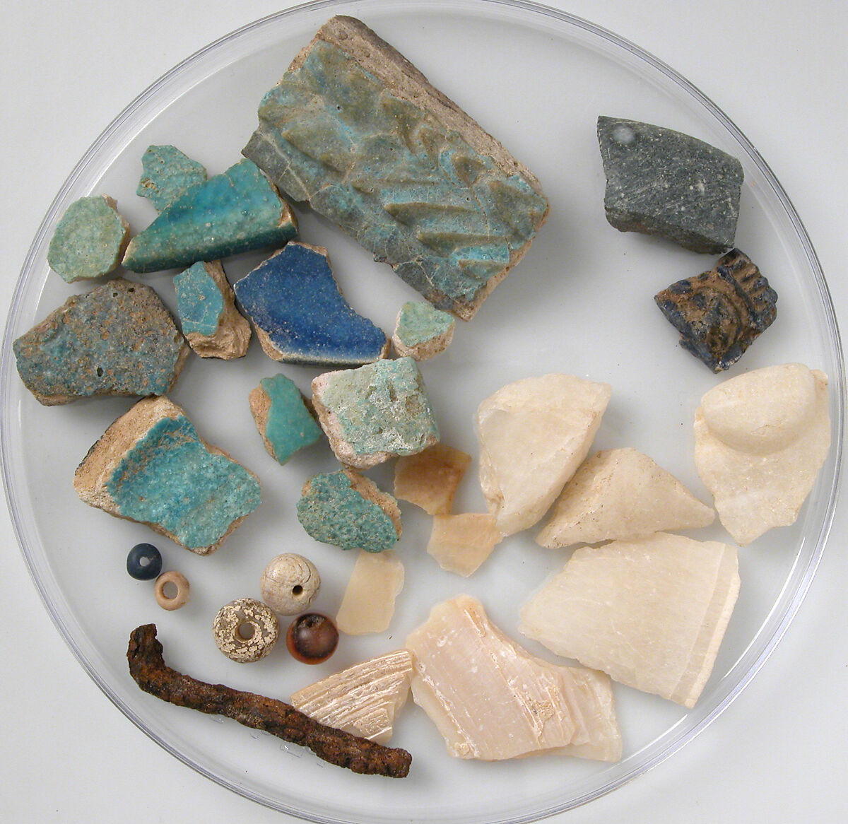 Fragments, Stone, shell, glass, metal, glazed earthenware (faience), Coptic 