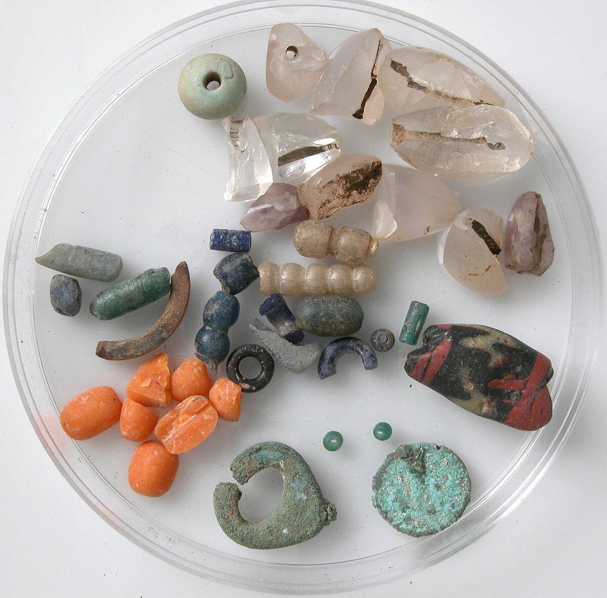 Coin and Bead Fragments, Various glass, copper alloy, coral, rock crystal, Coptic 