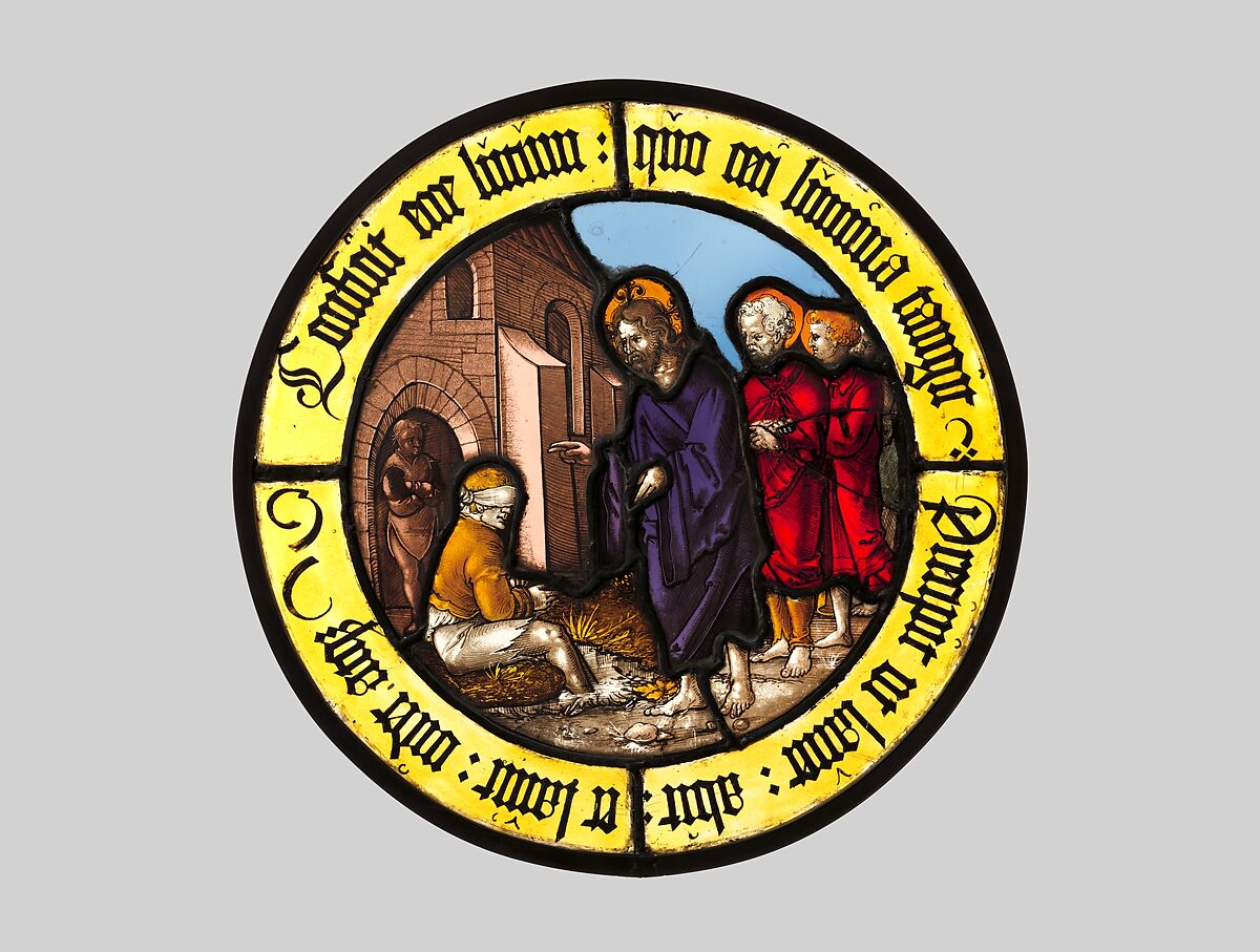 Roundel with Christ Healing the Blind Man, Hirschvogel Workshop, Colorless and pot-metal glass with vitreous paint, German 